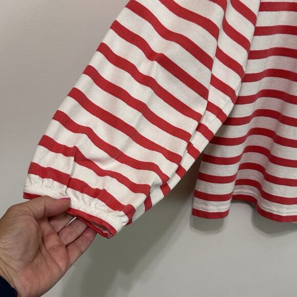 J Crew Heavy Knit Top L Pink Stripe Balloon Sleeve Popover Boat Neck Nautical - Picture 2 of 8